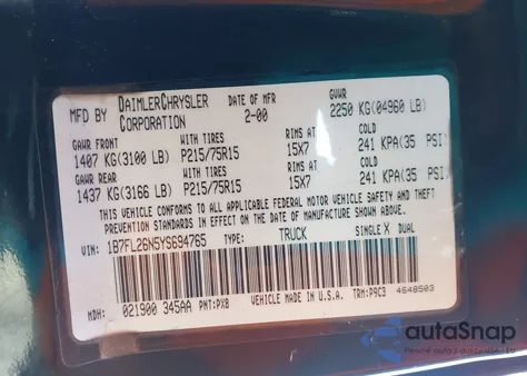 2000 Dodge Dakota Slt/Sport from USA, damaged, VIN 1B7FL26N5YS694765